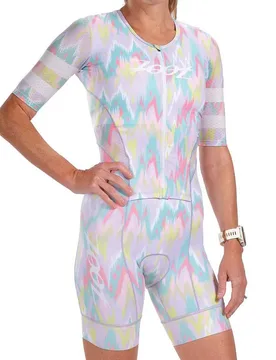 Aero Full Zip Dream Short Sleeve Trisuit Pink / Blue / Yellow XS Women - Zoot - FashionsVida