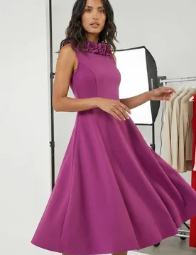 Women's Chiffon Flower Trim Premium Stretch Dress in Magenta Size: 10 - Magenta - Size: 10 - Roman - FashionsVida