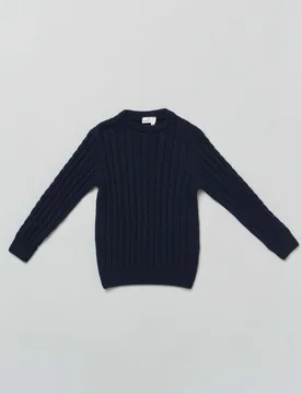 Maglia blu girocollo in pura lana merino con lavorazione a trecce - Maglificio di Verona - FashionsVida