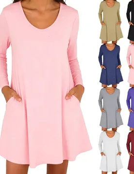 Womens Solid Round Neck Long Sleeved Dress Fashionable Comfortable Beach Baggy Sundress Slimming Waist Pleated Hem Dress - Aliexpress - FashionsVida