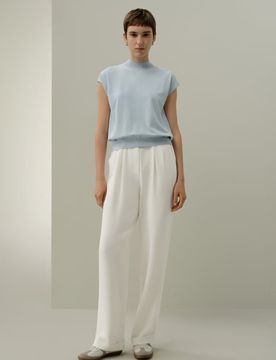 Top Seta e Lino Collo Alto Celeste L - Elegante e Traspirante