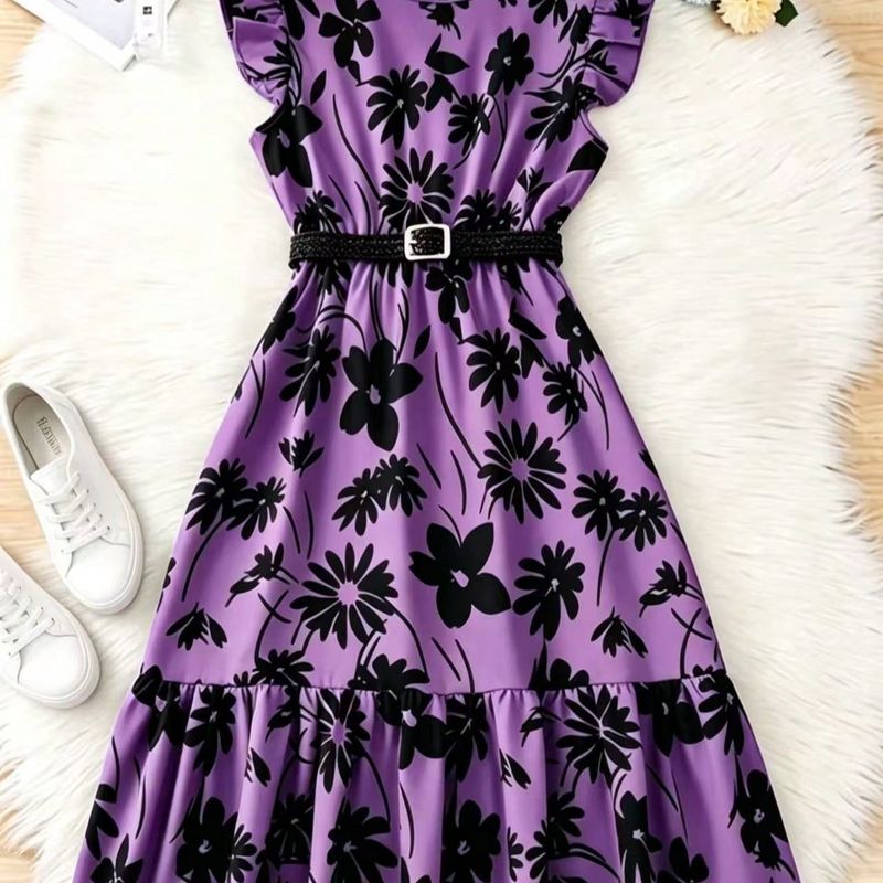 Textura Tejida] Vestido Distintivo Verde Floral de Largo Medio Con Cinturón Para Chicas Adolescentes - Cuello Redondo Casual, Mangas Con Volantes, Po