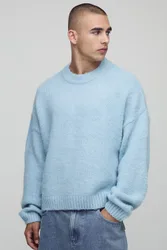 Mens Boxy Fit Brushed Extended Neck Knitted Jumper - Light Blue - Size Small
