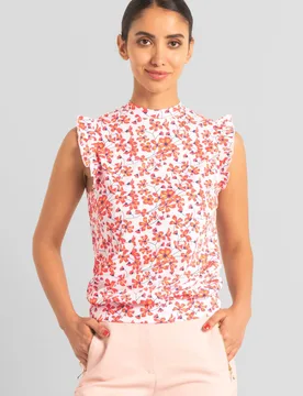 Women's Floral Printed Smocked Hem Frill Top in Red Size: 10 - Red - Size: 10 - Enorsia - FashionsVida