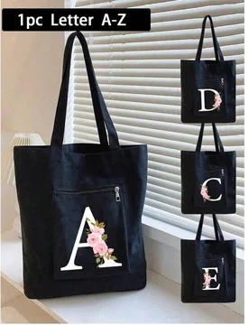 Bolso Tote con Patrón de Letras Florales de Rosas A-Z con Bolsillo con Cremallera, Bolso Tote de Lona Casual para Mujer, Adecuado para Vacaciones, Pl - Shein - FashionsVida