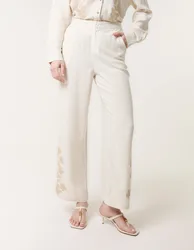 Linen Flower Embroidery Trousers - XL / Linen - female