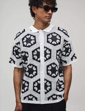 Men's Relaxed Crochet Tapestry Knitted Shirt Black Size 5X-Large Black 5XL - boohooMAN - FashionsVida