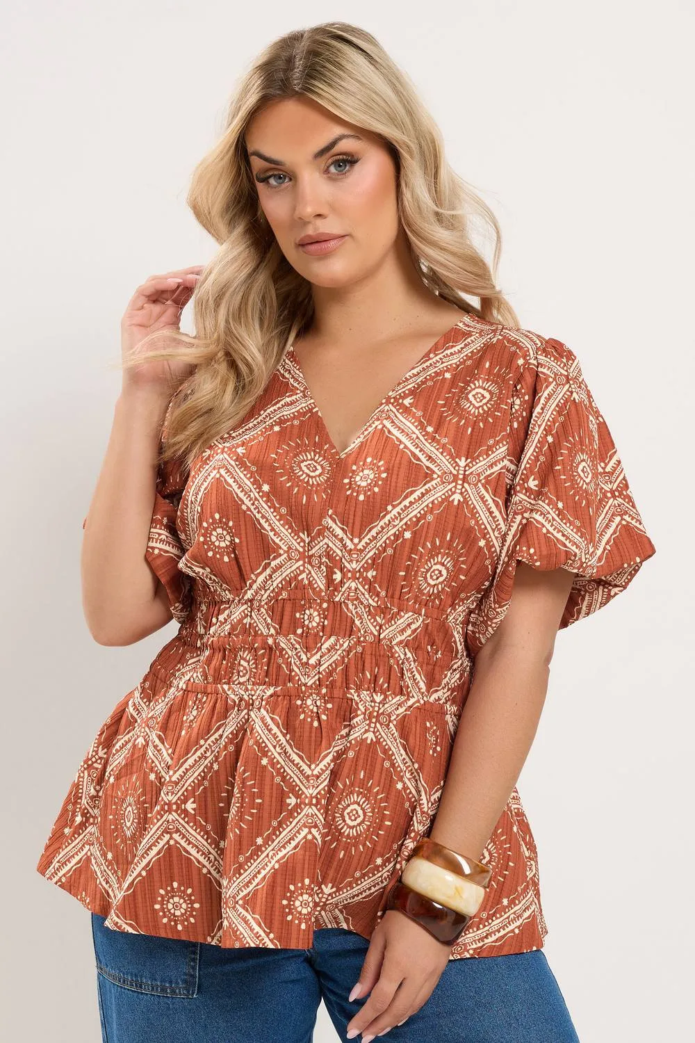 Abstract Puff Sleeve Blouse - Orange - Size: 22-24 - Yours - FashionsVida