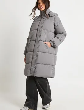 Womens Textured Hooded Maxi Puffer - Grey - Size 12 Uk - Boohoo - FashionsVida