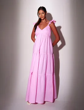 Pure Cotton V-Neck Frill Maxi Tiered Dress Pink female - South Beach - FashionsVida