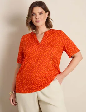 Jersey Floral Notch Neck Popover Blouse Orange female - Live Unlimited London - FashionsVida
