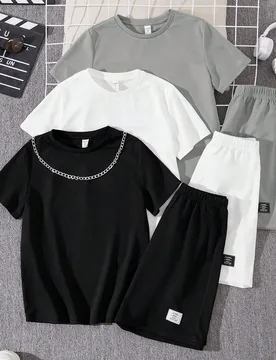 Set de 6 piezas: Camisa de manga corta con cuello redondo con decoración de collar de metal y pantalones cortos casual cómodo para niño preadolesce - Shein - FashionsVida