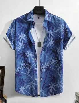 Camisa de manga corta casual de vacaciones con estampado de palmeras para hombres, camisas de playa tropicales de verano, vacaciones - Shein - FashionsVida