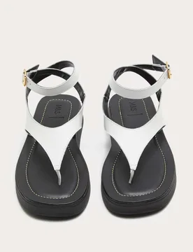 Leather Ankle Strap Flatform Toe Post Sandals White female - M&S - FashionsVida