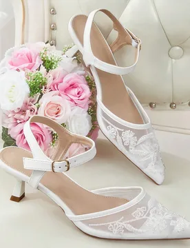 Zapatos de mujer primavera y verano nuevos sandalias de tacón alto con punta, hebilla y malla bordada blanca, elegantes para citas, banquetes, bodas - Shein - FashionsVida