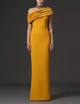 Yellow Crystals Luxury Prom Dress Sexy High Neck Sheer Full Sleeves Sheath Party Gown Formal Wedding Guest Birthday Evening Robe - Aliexpress - FashionsVida