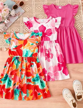 Conjunto de 3 piezas para niñas jóvenes con vestido de línea A de manga volada con estampado floral & unicolor, estilo pastoral, de moda & lindo, a - Shein - FashionsVida