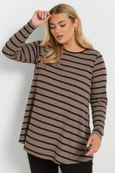 Ribbed Long Sleeve Swing Top - Brown - Size: 16
