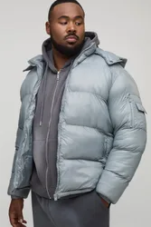Herren Plus High Shine Regular Fit Kapuzen-Pufferjacke in Grau Grey Größe 2XL
