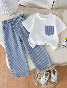 Conjunto de 2 piezas para niños jóvenes con top casual de cuello redondo con patchwork + pantalones largos a rayas - Shein - FashionsVida
