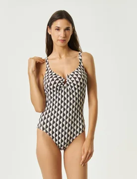 Costume intero a motivo ondulato nero e bianco con fibbia metallica - Red Point - FashionsVida