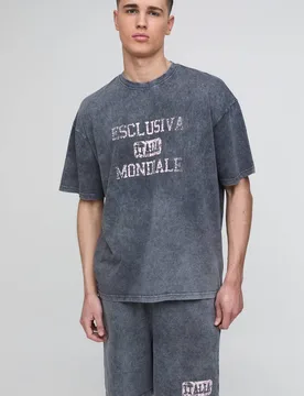 Men's Oversized Loopback Washed Italia Printed Short Set Charcoal Size X-Small Charcoal XS - boohooMAN - FashionsVida