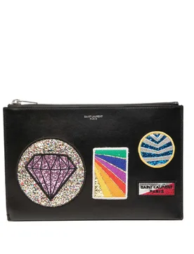 Leather Multi Patch Zip Pouch - Saint Laurent - FashionsVida