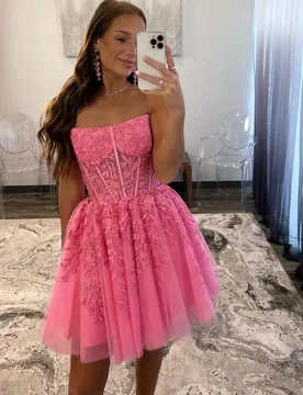 New Rosy Pink Short Prom Dresses Strapless Lace Appliques Tulle Formal Evening Party Gowns Birthday Robe De Soriee - Aliexpress - FashionsVida