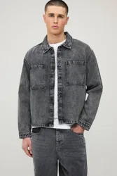 Herren Kastige Oversized Gewaschene Denim-Overshirt Mid Grey Größe Medium