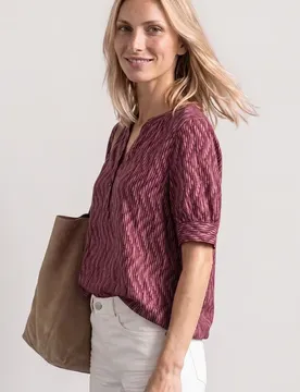 Kurzarm Bluse mit Split Neck und Elastiksaum female Pink