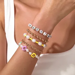 Pcs/Set Sweet Cute Colorful Rice Beads Flower Pearl Bead Bracelet Bohemian Metal Chain Letter Bracelet Handmade Daily Jewelry