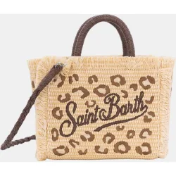 Bolso de mano mini con asas tejido straw desflecado en sus extremos animal print y opcion de bandolera