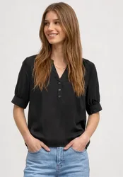 Kurzarm Bluse mit Split Neck und Elastiksaum female Schwarz