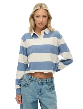 Polo A Maniche Lunghe Athletic Essential Cropped Stripe Rugby Tidal Blue / Ecru Stripe XL