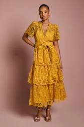 Petite Short Sleeve V Neck Tiered Lace Midi Dress - Gold - Size: 8