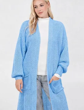 Women's Blue Longline Double Pocket Knitted Cardigan Sweater Size: Small/Medium - Blue - Size: S/M - Blue Vanilla - FashionsVida