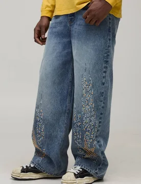 Men's Baggy Star Studded Detail Jeans Light Blue Size 34R Light Blue 34R - boohooMAN - FashionsVida