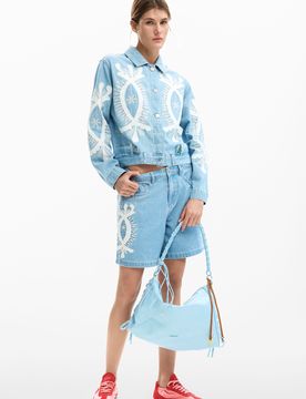 Bermuda en jean brodée, , Coton, Bleu, 34