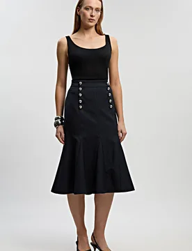 Womens Tailored Pinstripe Godet Midi Skirt - Black - Size 8 Uk - Karen millen - FashionsVida