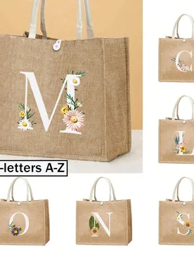 Bolsa de lino, incluye bolsas de lino impresas con letras de la A a la Z, letras blancas, patrón de girasol, embalaje de regalo personalizado, bolsa - Shein - FashionsVida