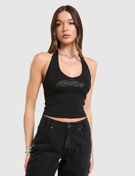 Solace Diamante Halterneck Oberteil - Damen, Schwarz - female - Size: XL