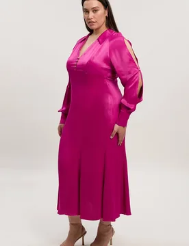 Plus Size Viscose Satin V Neck Long Sleeve Woven Midi Dress - Raspberry - Size: 22 - Karen millen - FashionsVida