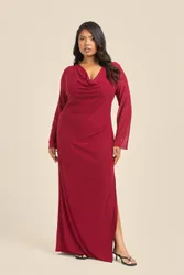 Plus Size Burgundy Long Sleeve Cowl Neck Mesh Maxi Dress - Dark Red - Size: 22