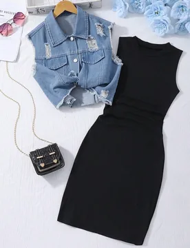 Conjunto de 2 piezas para niñas preadolescentes con vestido de tirantes de punto casual con bordes con volantes y chaleco de mezclilla lavada, primav - Shein - FashionsVida