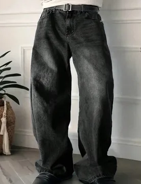 Pieza Pantalones casuales de mezclilla lavada suelta, pantalones sueltos negros vintage lavados de estilo retro Y2K para hombres, oversize, apilados - Shein - FashionsVida