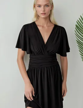 Womens V-Neck Short Sleeve Mini Dress - Black - Size 2xs - Hiccup - FashionsVida