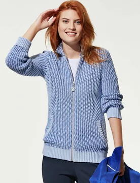 Reliefstruktur-Strickjacke, normale Größen, Farbe Blau, 44, leichtes Bändchengarn mit hochwertiger Mako-Baumwolle Damen - Walbusch - FashionsVida