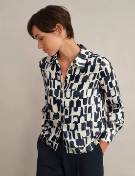 Geometric Collared Blouson Sleeve Shirt Blue female - Hobbs - FashionsVida