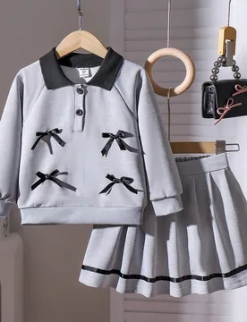Set de 2 piezas con blusa de manga larga con cuello y puños con lazo, y falda, para niña, en negro y gris, blusa de manga larga de alta gama, conjun - Shein - FashionsVida
