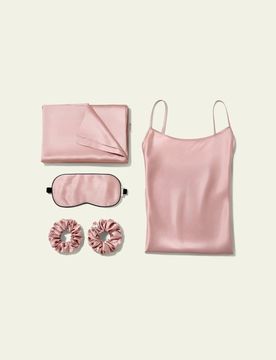 Ensemble Cadeau Soie Rosy Pink S - Chemise de Nuit, Taie d'Oreiller 22 Mommes, Masque & Chouchous
